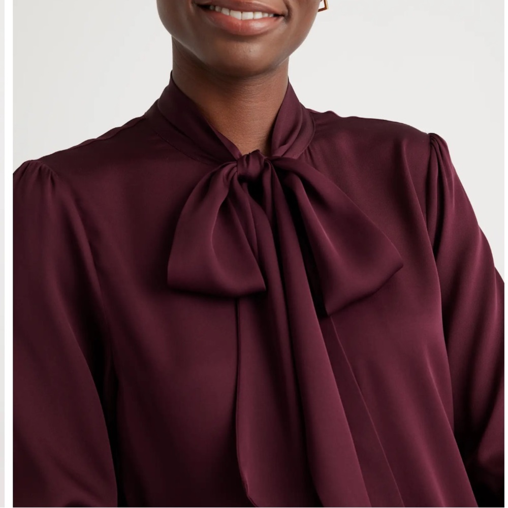 Quince Washable Stretch Silk Tie Neck Blouse in Wine Tasting size S - Picture 2 of 8